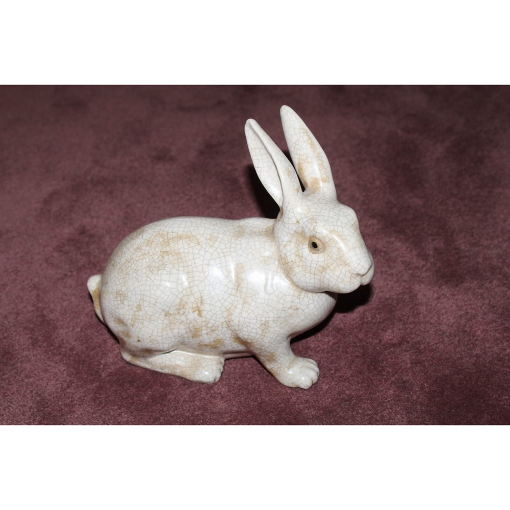 Vintage Pottery Bunny Rabbit White Crackle Glaze French Ceramic Figurine Signed