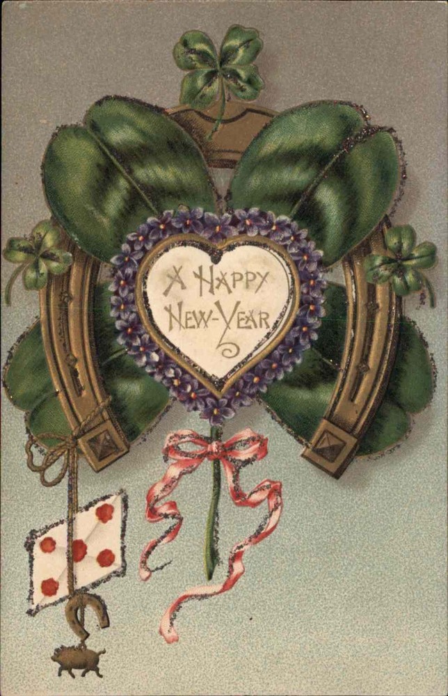 New Year Good Luck Symbols Embossed Gilt GLITTER c1900-20s Vintage Postcard-image