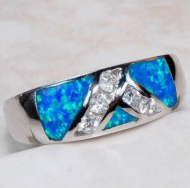 Elegant Australian Opal Inlay with Topaz Sz 6 in 925 Sterling Silver Ring