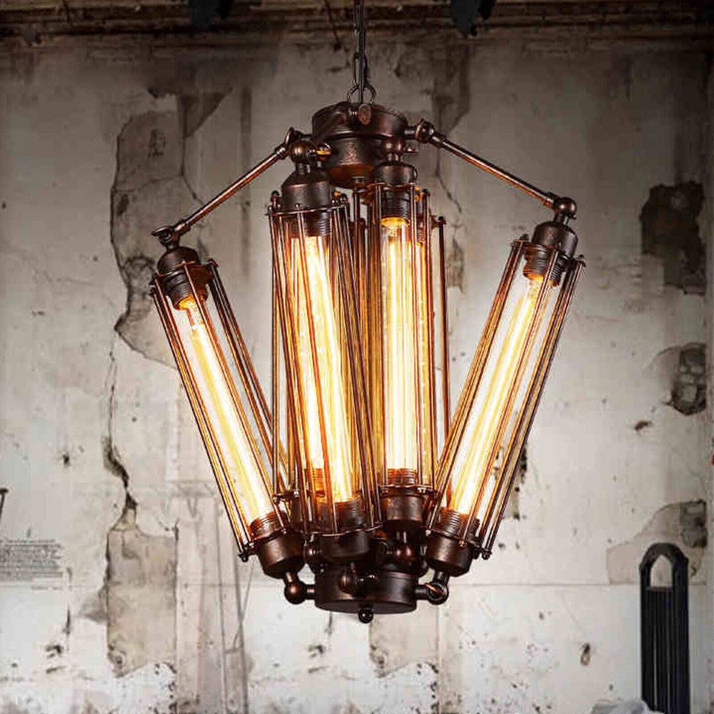 Vintage Industrial LED Chandelier Steampunk Cage Pendant Light Loft Ceiling Lamp