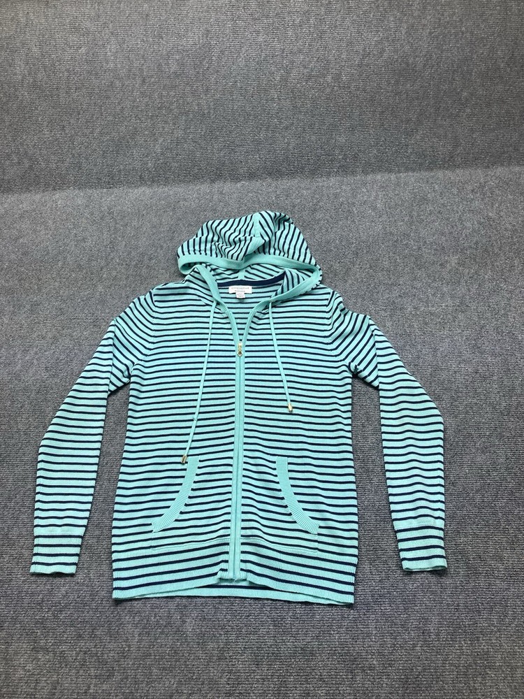 Charter Club Knit Hooded Jacket Women’s Size PS Green Striped Long Sleeve Full Z