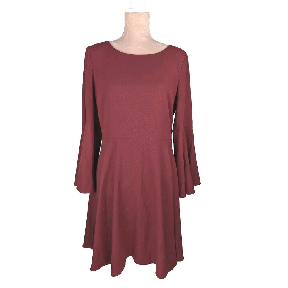 Halston Midi Fit and Flare Dress 8 Red Burgundy Trumpet Bell Sleeve Witchy Goth
