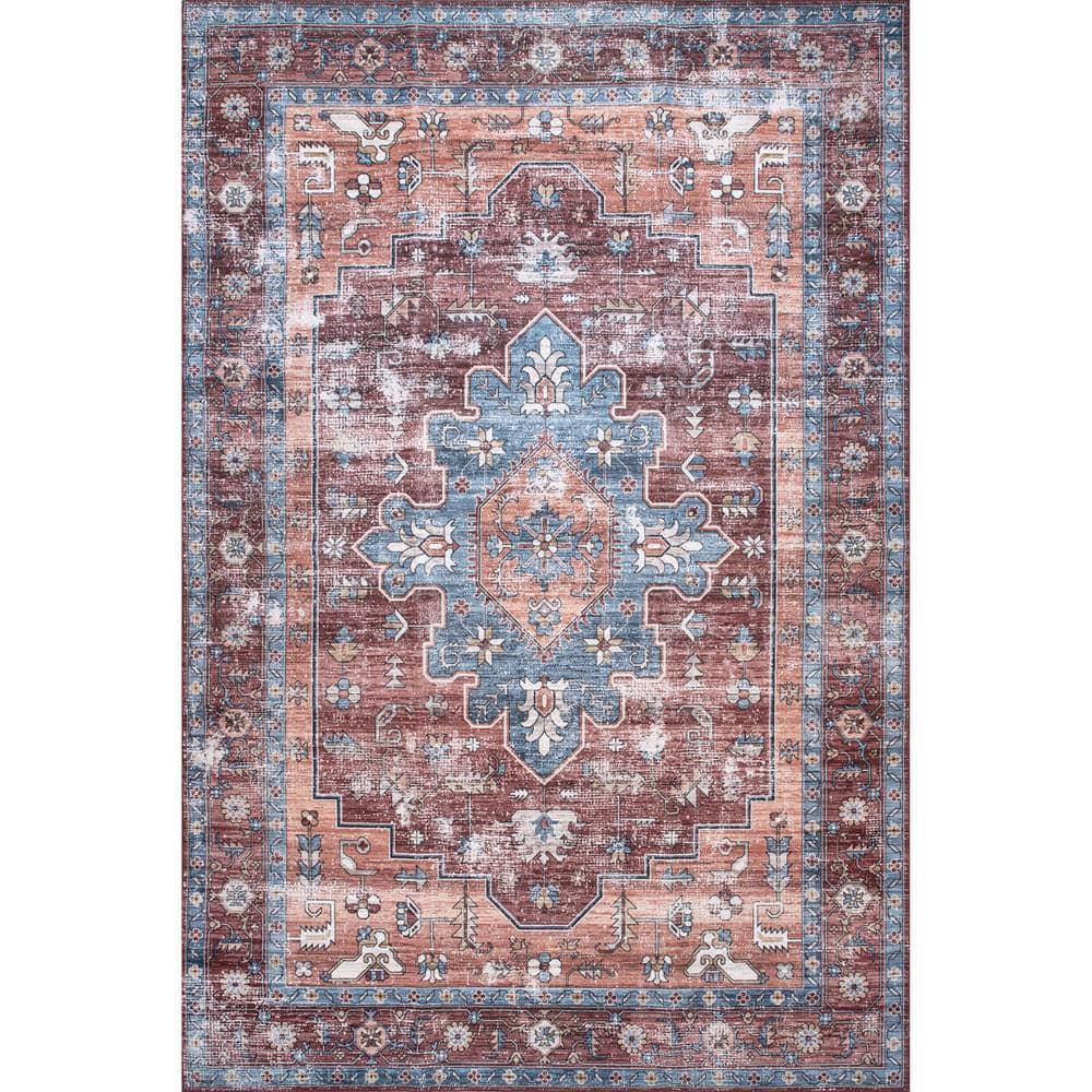Machine Washable Rust 8x10 Medallion Indoor Rug by Zena