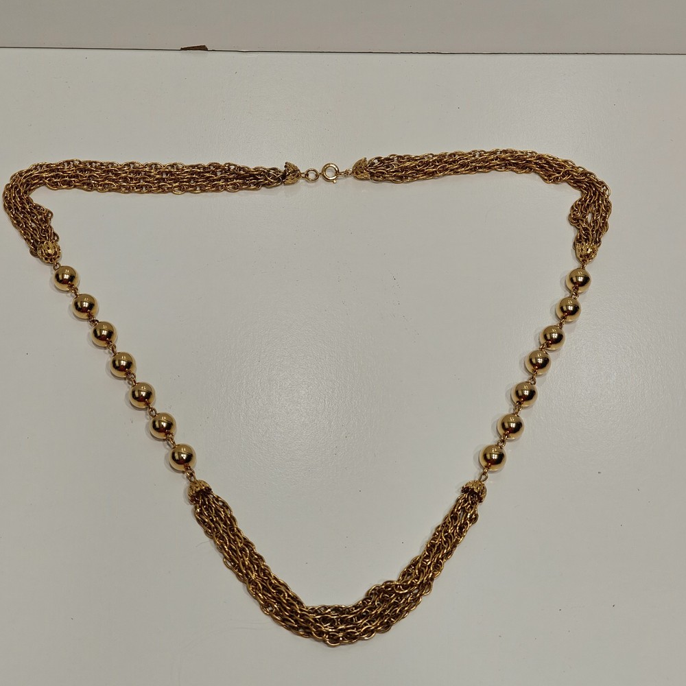 Vintage Style Gold Tone Rope Chain Necklace Round Ball Bead Accents 26”