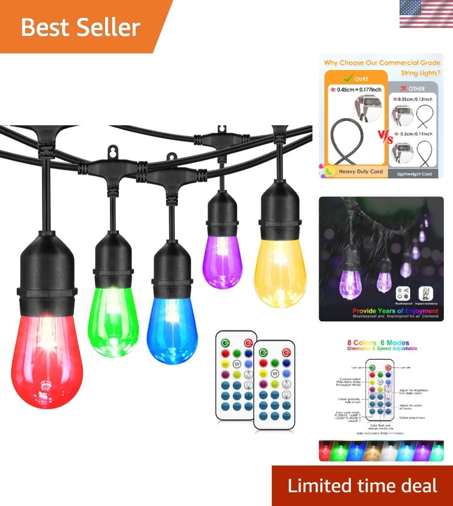 48FT Waterproof Outdoor RGB String Lights with Remote Control Dimmable