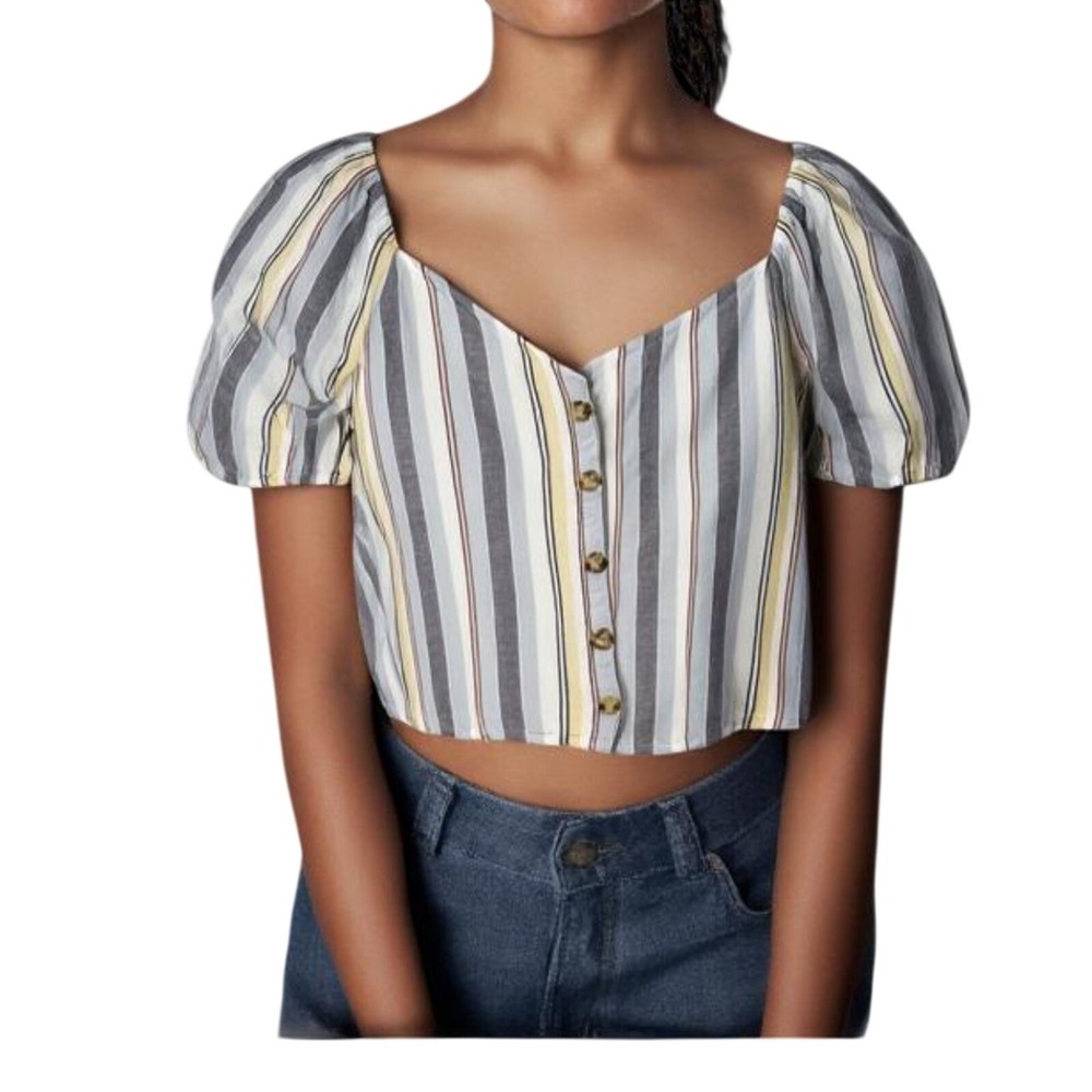 Abercrombie & Fitch Top XL Blue Yellow Linen Blend Short Sleeve Crop Button