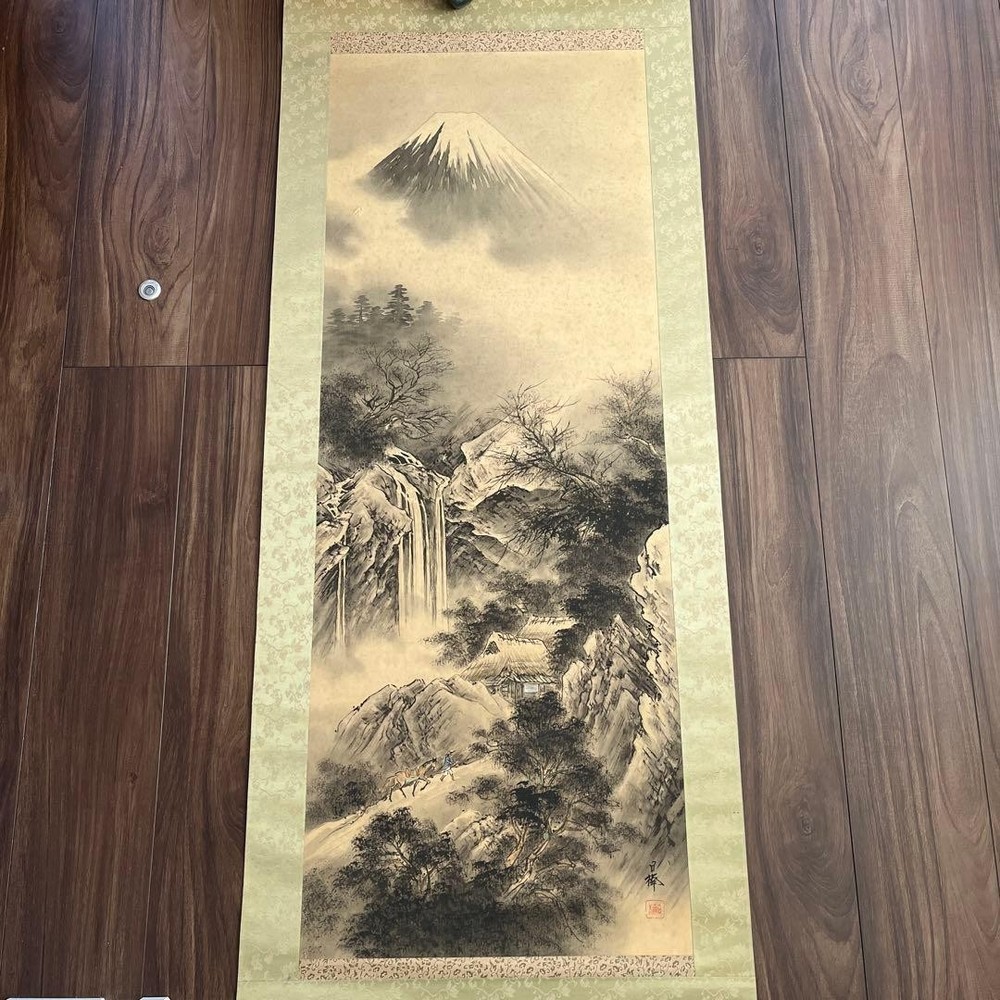 Mt.Fuji and waterfall ink painting hanging scroll