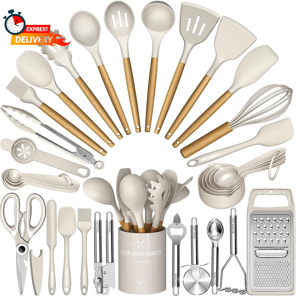 34-Piece Silicone Kitchen Utensil Set Heat Resistant with Wood Handles