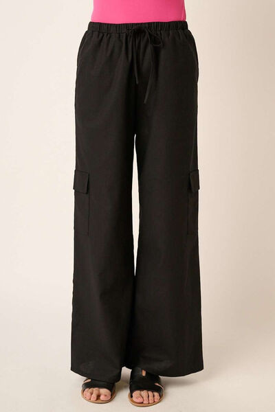 Mittoshop Linen Wide Leg Elastic Waist Cargo Pants