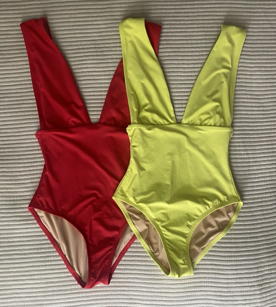 J Crew Plunge Deep V-Neck Swimsuit 2-Pack Size 4 Yellow Wide Strap