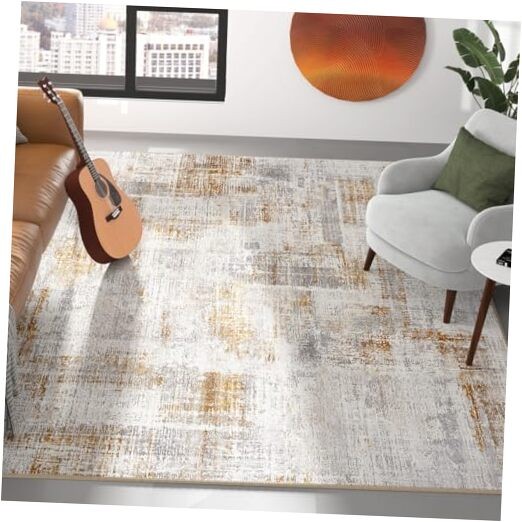 Modern Gold & White Abstract Area Rug 5x7 for Living Room Non-Slip