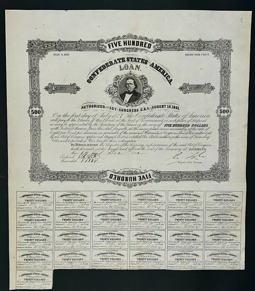 $500 Confederate States Coupon Bond - Criswell 69, Ball 108 - Rare Civil War Era Collectible-image