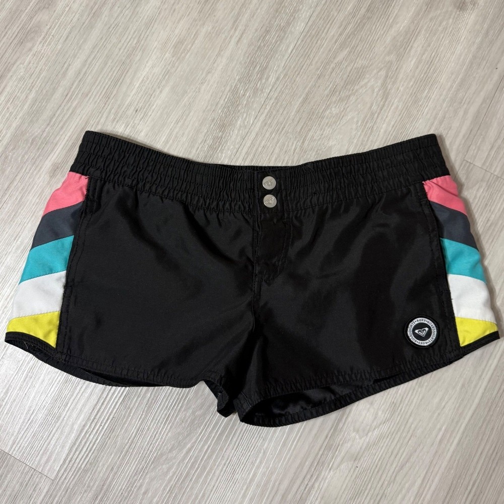 Roxy Board Shorts Black Multi Color Stripe Surf Swim Shorts Womens Size 7