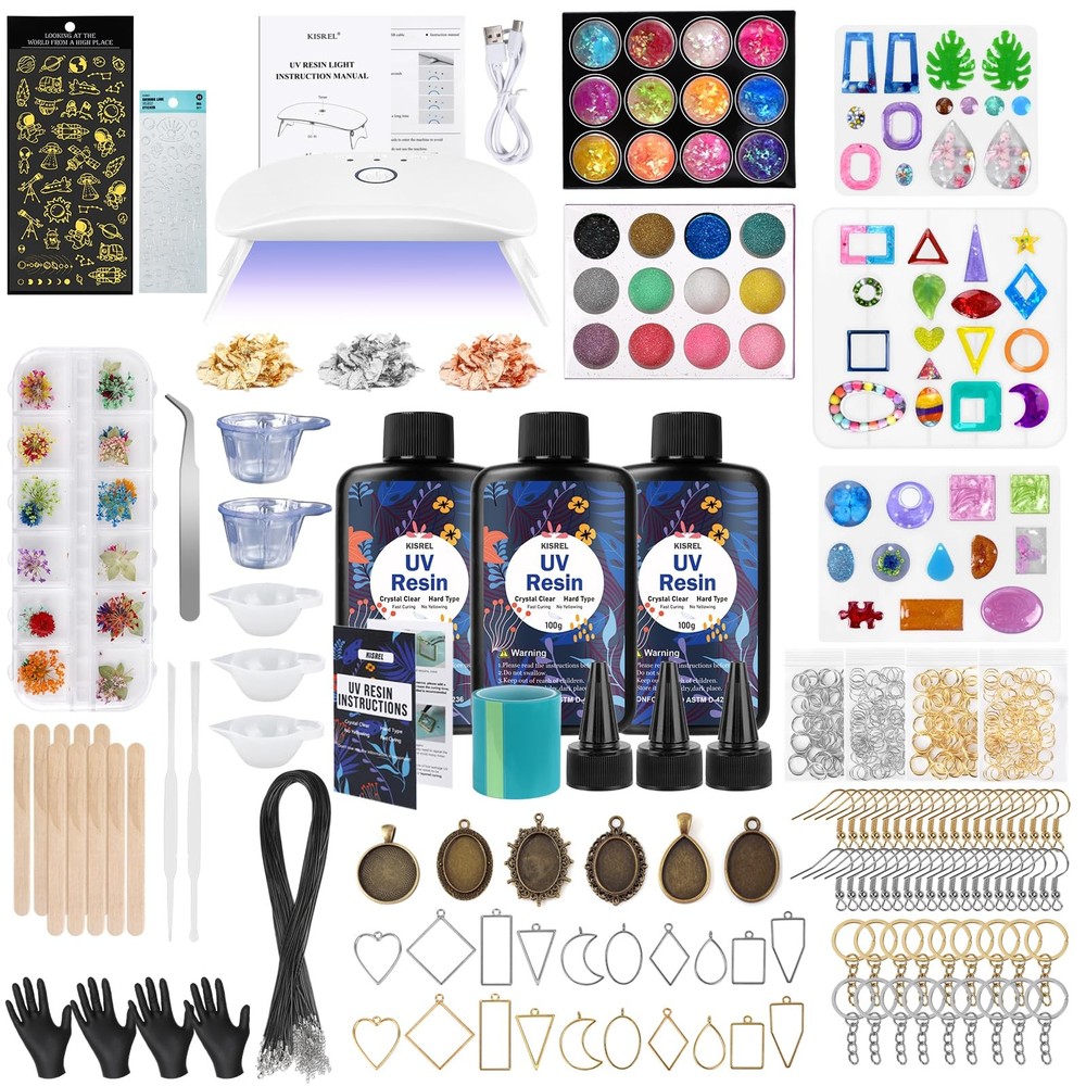 UV Resin Jewelry Kit – 300g Crystal Clear Epoxy with UV Light & Molds for DIY Crafting
