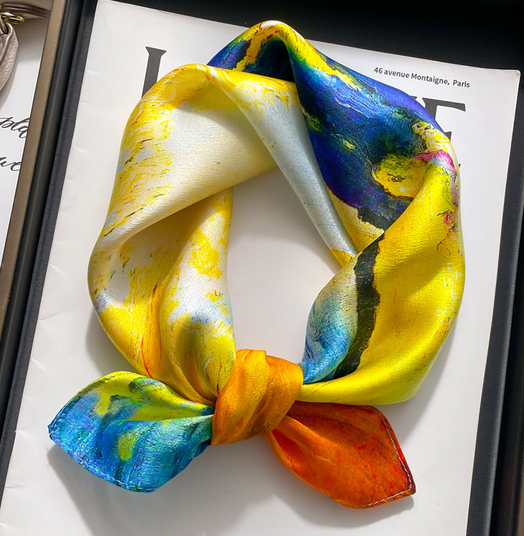 100%Silk Mulberry Scarf 53X53cm Women Square Bandana Wrap Yellow oil painting