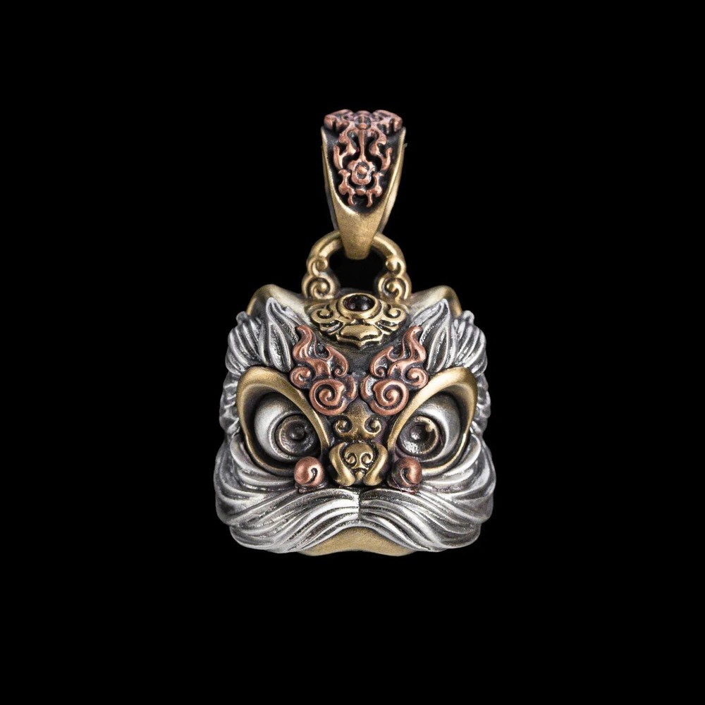 Dancing Lion Pendant In Brass.Lucky Amulet Charm for Necklace.Decor for Bag Car