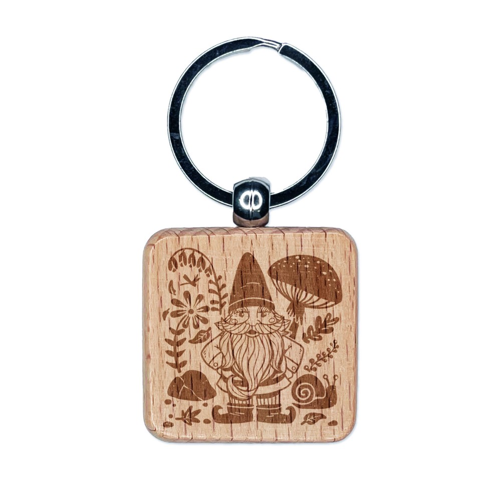 Garden Gnome with Background Engraved Wood Square Keychain Tag Charm