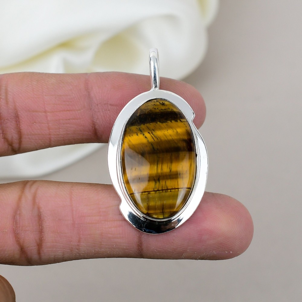 Natural Tiger Eye Gemstone 925 Sterling Silver Handmade Pendant Jewelry For Gift