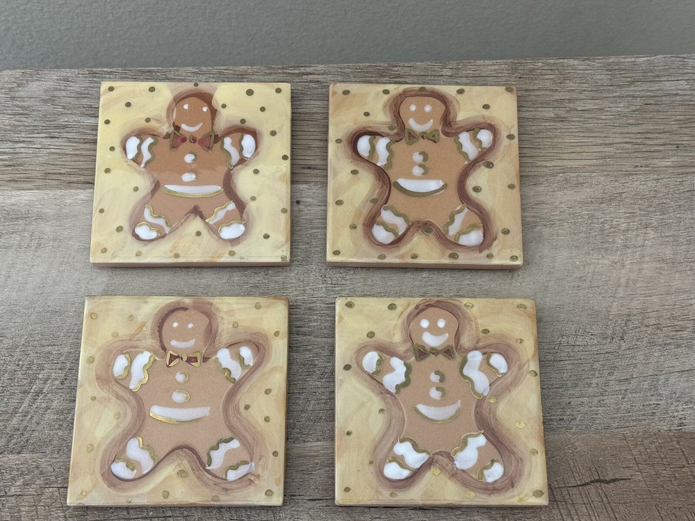 Starbucks Gingerbread Man Holiday Drink Coasters Set Of 4 Hand Painted Christmas