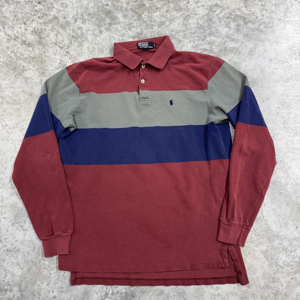 Vintage Polo Ralph Lauren Shirt Mens Large Rugby Stripe Made USA Long Sleeve 90s