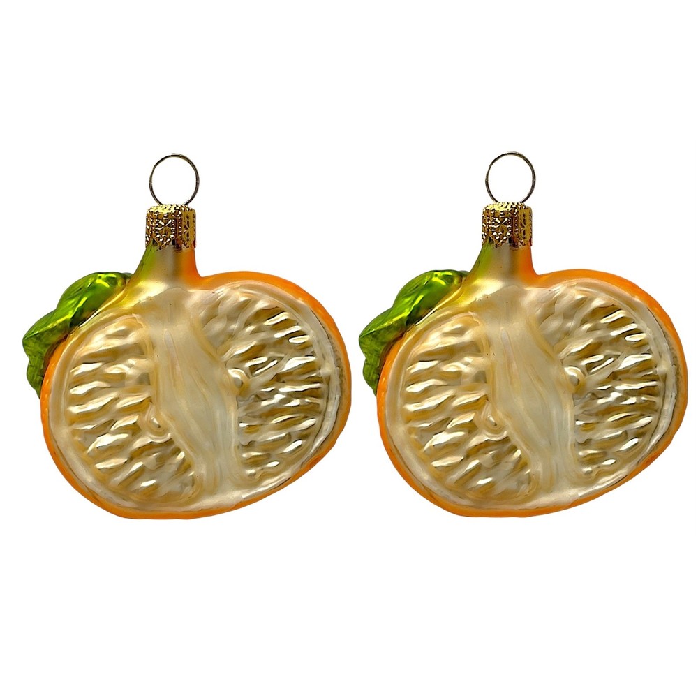 Mandarin Orange Half Polish Glass Christmas Tree Ornaments  Set of 2
