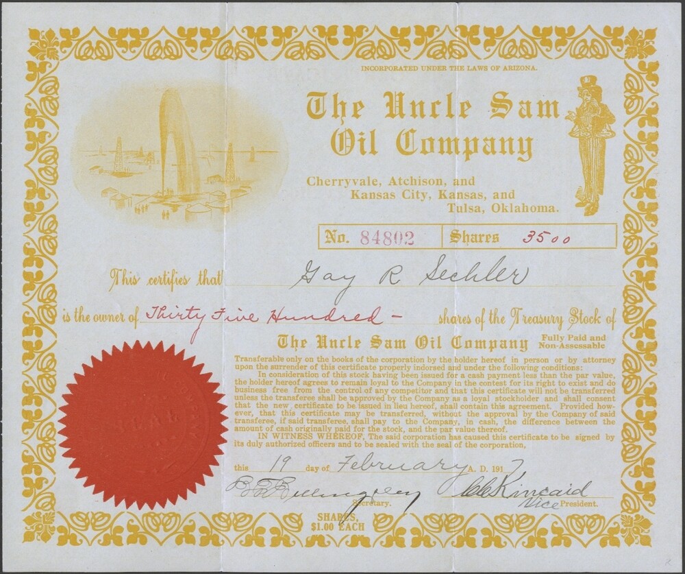 U.S., 1917. Arizona Stock Certificate, Uncle Sam Oil Company