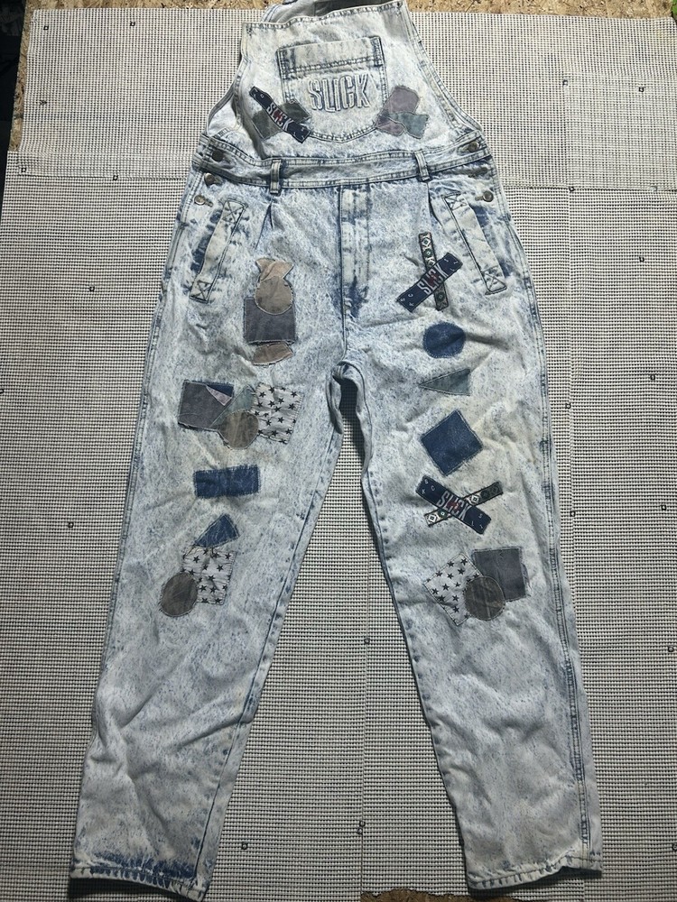 Vintage SLICK Grunge Surf Skate Denim Jean Overalls Pants Acid Wash (stained)