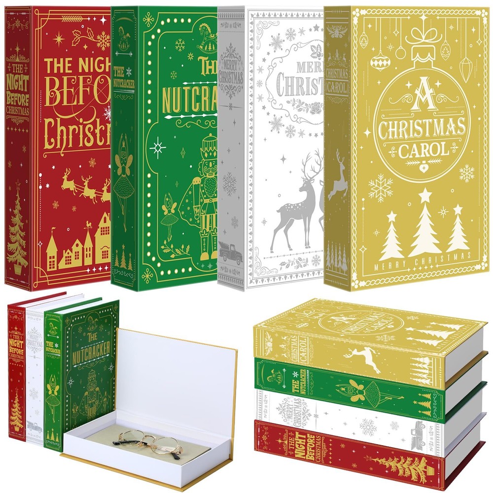 Set of 4 Large Christmas Faux Book Decor Storage Boxes with M Lid
