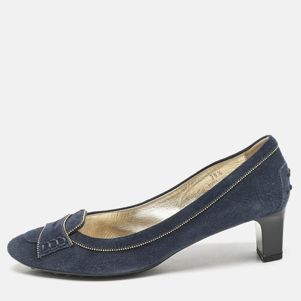 Tod's Navy Blue Suede Block Heel Pumps in Size 38.5