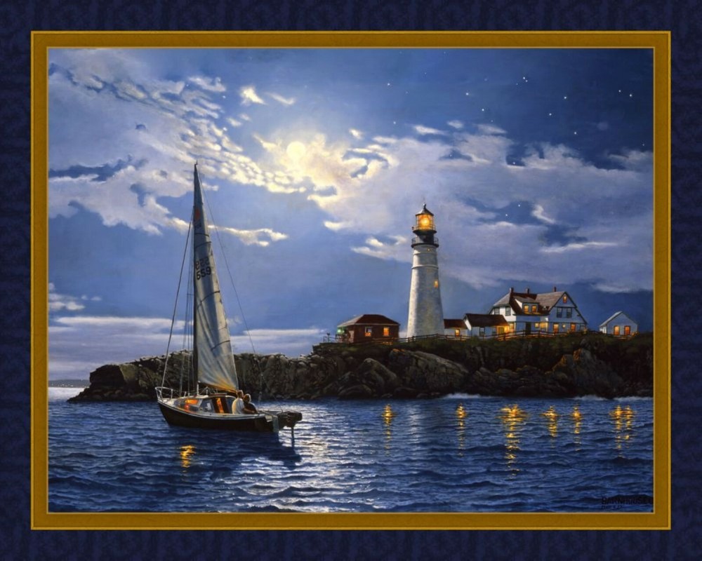 Serenity Lighthouse Sailboat Nautical Quilted Fabric Wall Hanging Panel