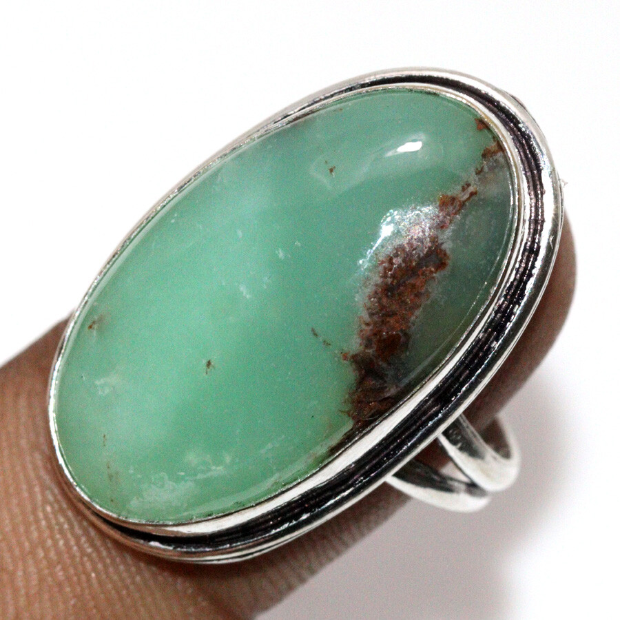 925 Silver Plated Chrysoprase Ethnic Handmade Ring US Size 9.5 Unique Jewelry