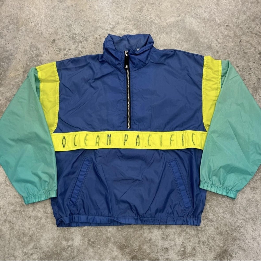 Vintage Ocean Pacific Jacket Mens Large Blue Green Yellow Windbreaker Surf 90s