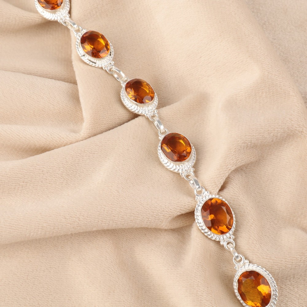 Wedding Gift For Her 925 Sterling Silver Natural Citrine Gemstone Chain Bracelet