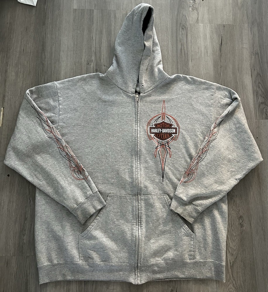 Vintage 00’s Harley Davidson Flame Sleeve Grey Zip-up Hoodie Size XL