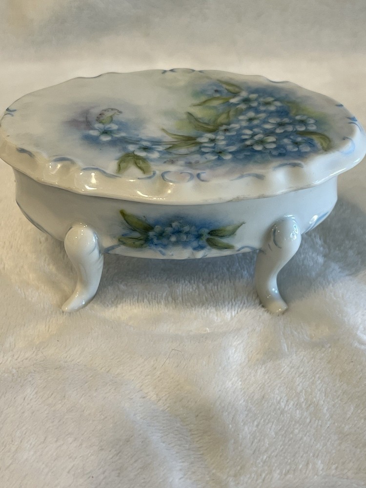 Vintage hand-painted porcelain trinket box, “forget-me-not