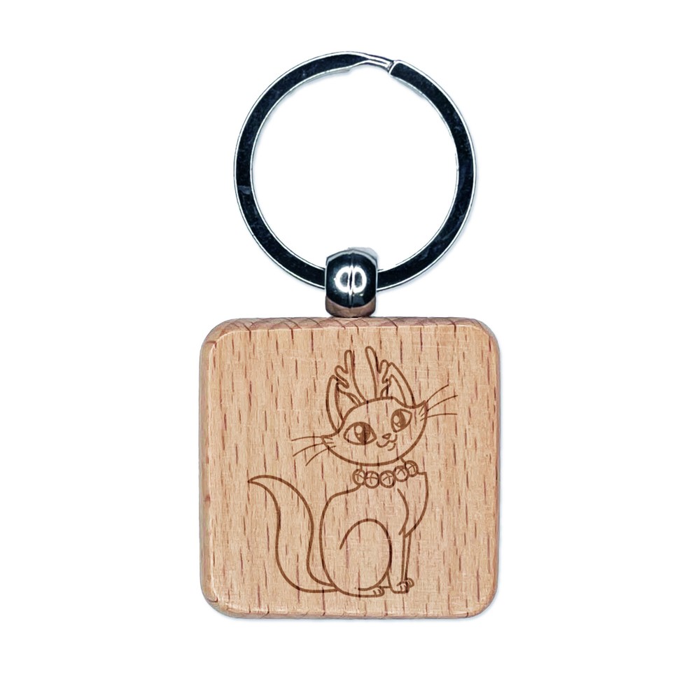 Cute Kitty Cat Reindeer Christmas Engraved Wood Square Keychain Tag Charm