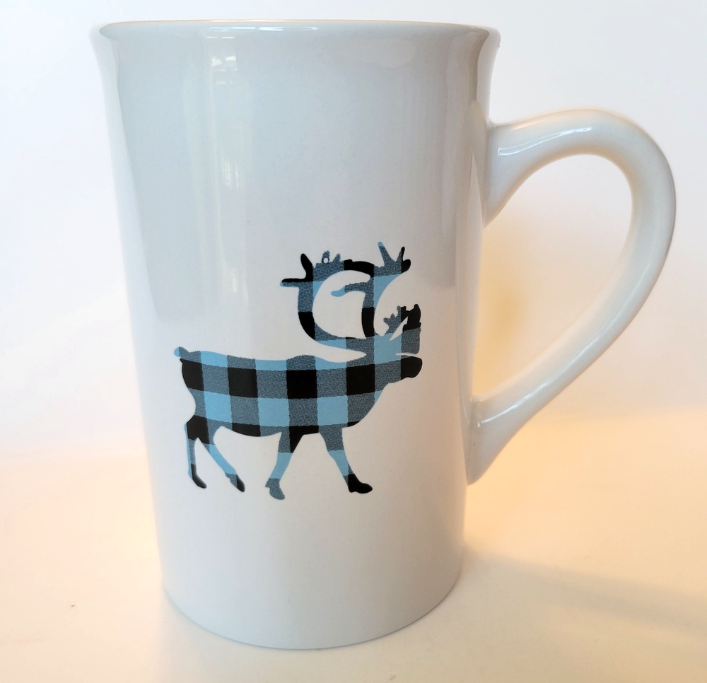 CARIBOU Coffee Mug Blue and Black Plaid 14 Oz cup