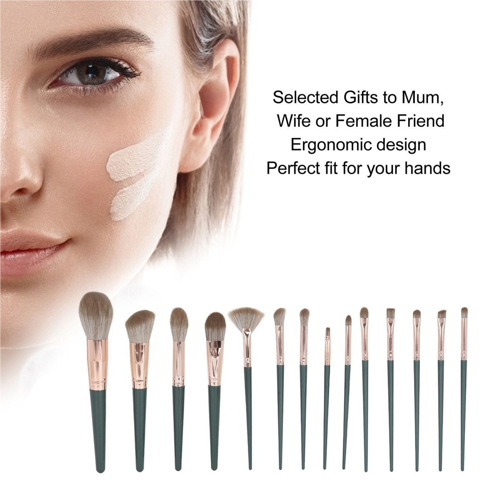 14pcs Green Makeup Blusher Brush Soft Ergonomic Handle Synthetic Fibre Eyeshadow