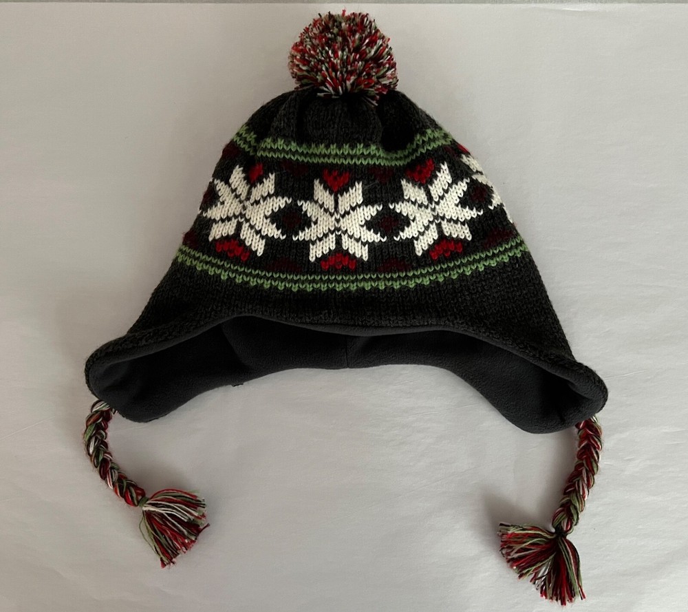 Old Navy Gray Snowflake Knit Cap with Ear Flaps and Tassels