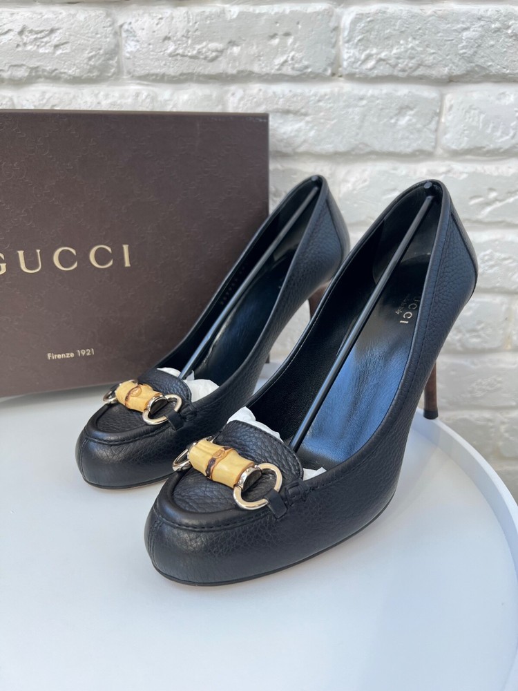 Gucci Black Leather Bamboo Horsebit Loafer Pupms Shoes Women's Size 39 1/2