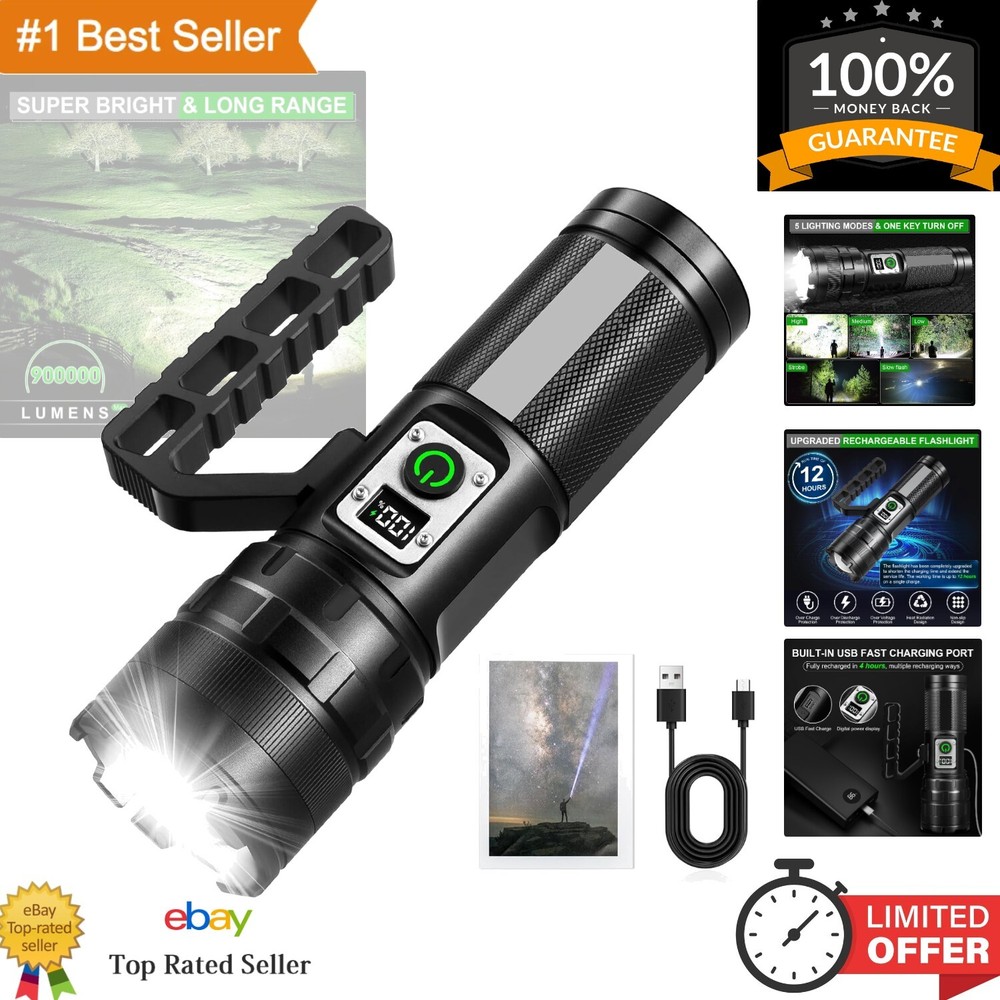 900000 Lumens Rechargeable LED Flashlight - Heavy-Duty Water-Resistant Light
