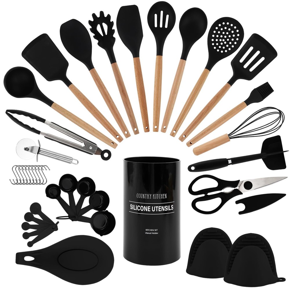 Non Stick Silicone Utensil Set with Rounded Wood Handles for Cooking and Baki...