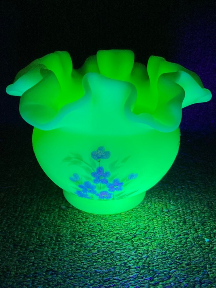 Vtg Fenton Glass Yellow Custard Uranium Vase Sugared Pink Blossoms J Chapman