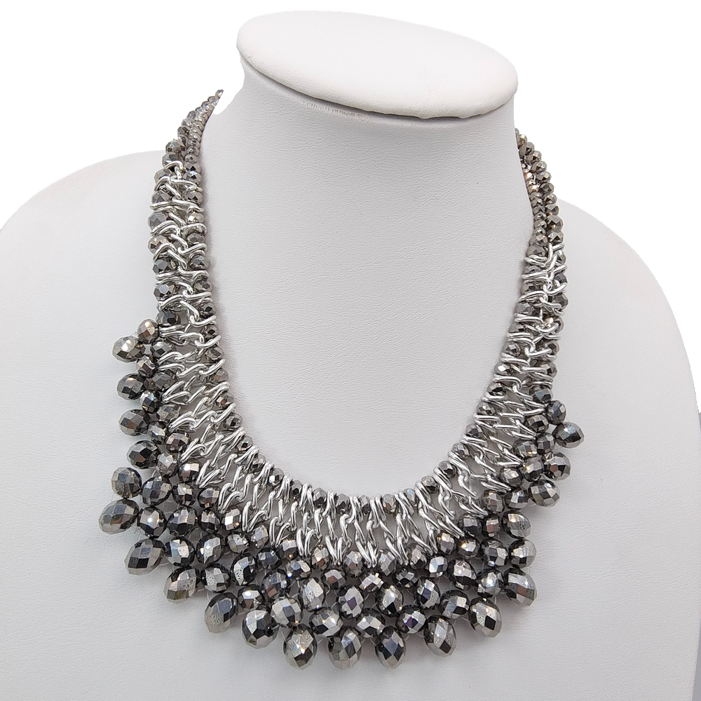 Charming Charlie Beaded Bib Necklace Gun Metal Tone Indie Grunge Statement