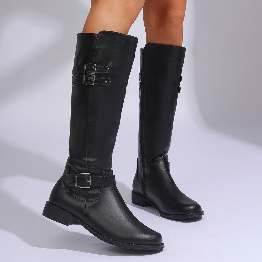 Ladies Mid Calf Boots Casual Buckle Round Toe PU Leather Riding Knee High Boots