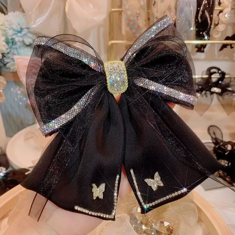 Korean Style Shiny Rhinestone Hairpin Butterfly Mesh Bow Hair Clip Spring Clia5