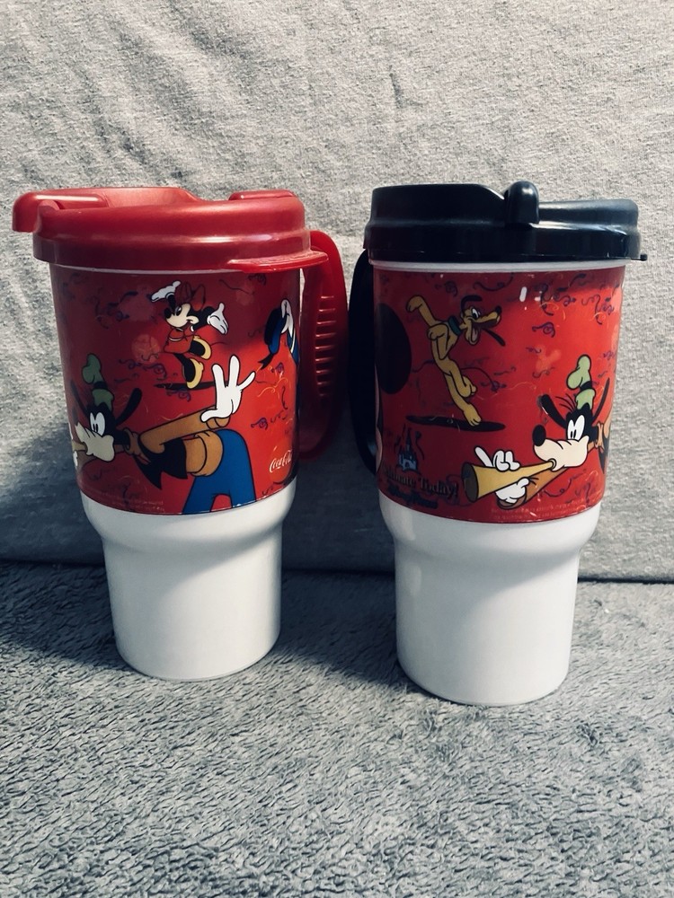 Disney Parks Coca Cola Travel Mug 2009 Red Black w Mickey Goofy Pluto Donald