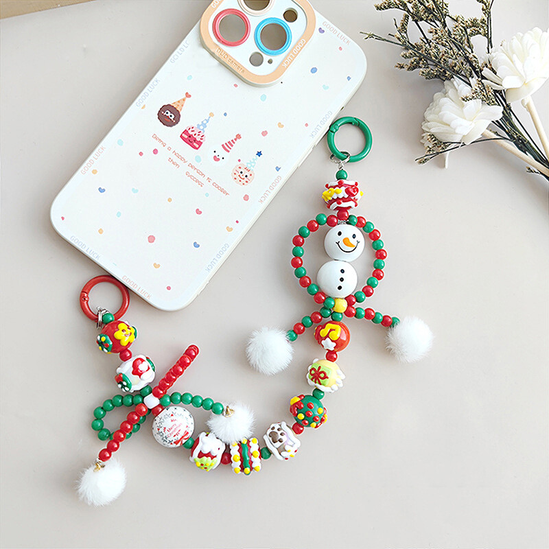 Festive Snowman Beaded Phone Strap with Wrist Chain