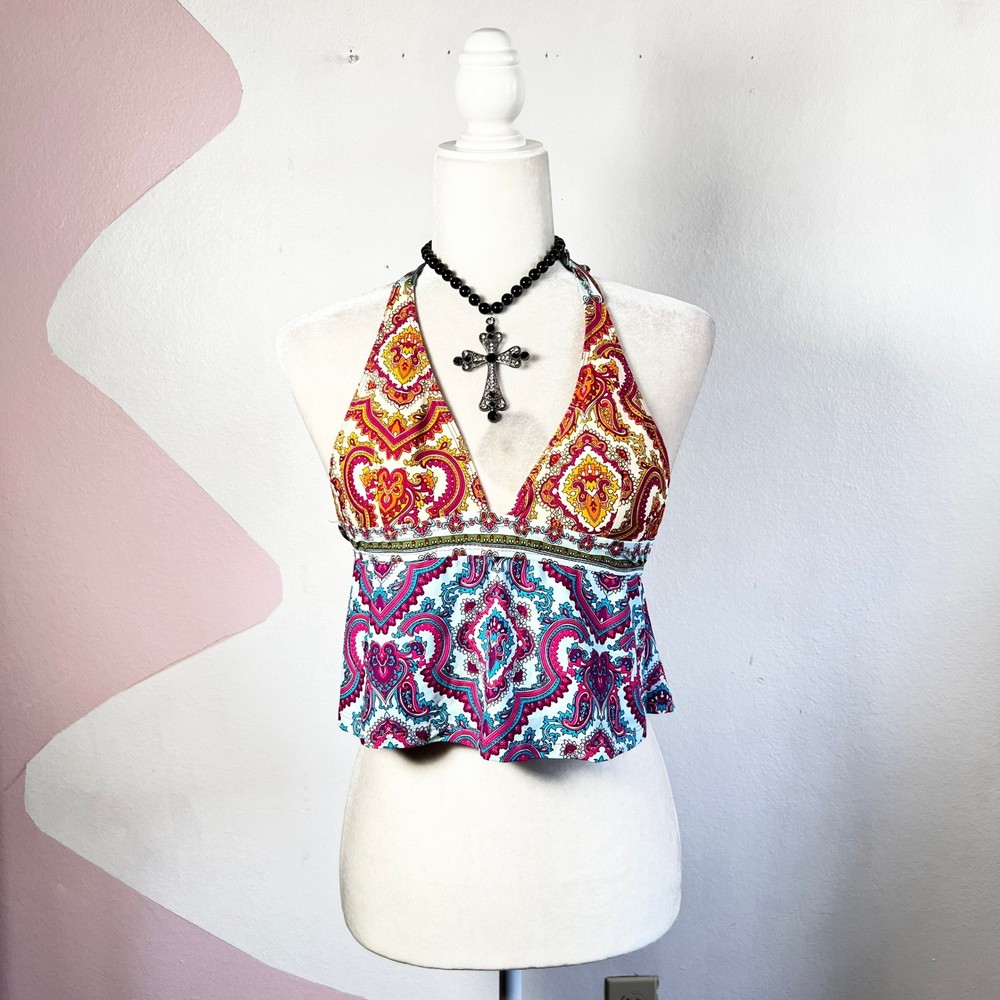 Vintage Y2K 90s Tankini Swim Top Paisley 2000s Vacation Festival Rave Small