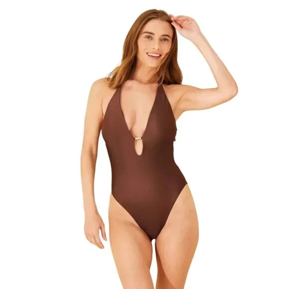 Women's High Shine Plunge Neck Cheeky One Piece Swimsuit - Shade & Shore Brown M